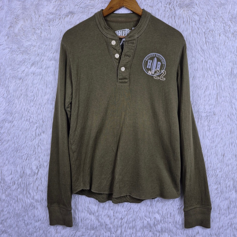 Hollister Boardshop No. 22 Mens Henley Shirt M Green Long Sleeve Y2K Preppy